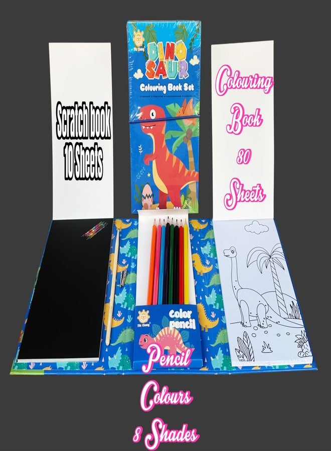 MSGH Coloring Book with 30 Sheet, 8 Pencil Color,10 Scratch Sheet Art and Craft Drawing Color Book Set for 3+ Years Kids, Party Favor Return Gift for Kids (Drawing Sketch Set(Dino)) - Image 2